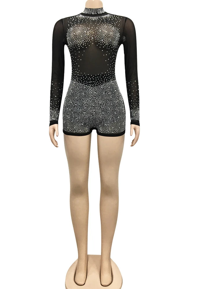 New Chic See through Crystal Romper Summer Sheer Mesh Patchwork Rhinestone Details Short Jumpsuits Birthday Outfits