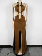 New Chic Halter V Neck O Rings Long Maxi Dress Glam Women Sexy Backless Ruched High Slit Party Dresses Birthday Outfits