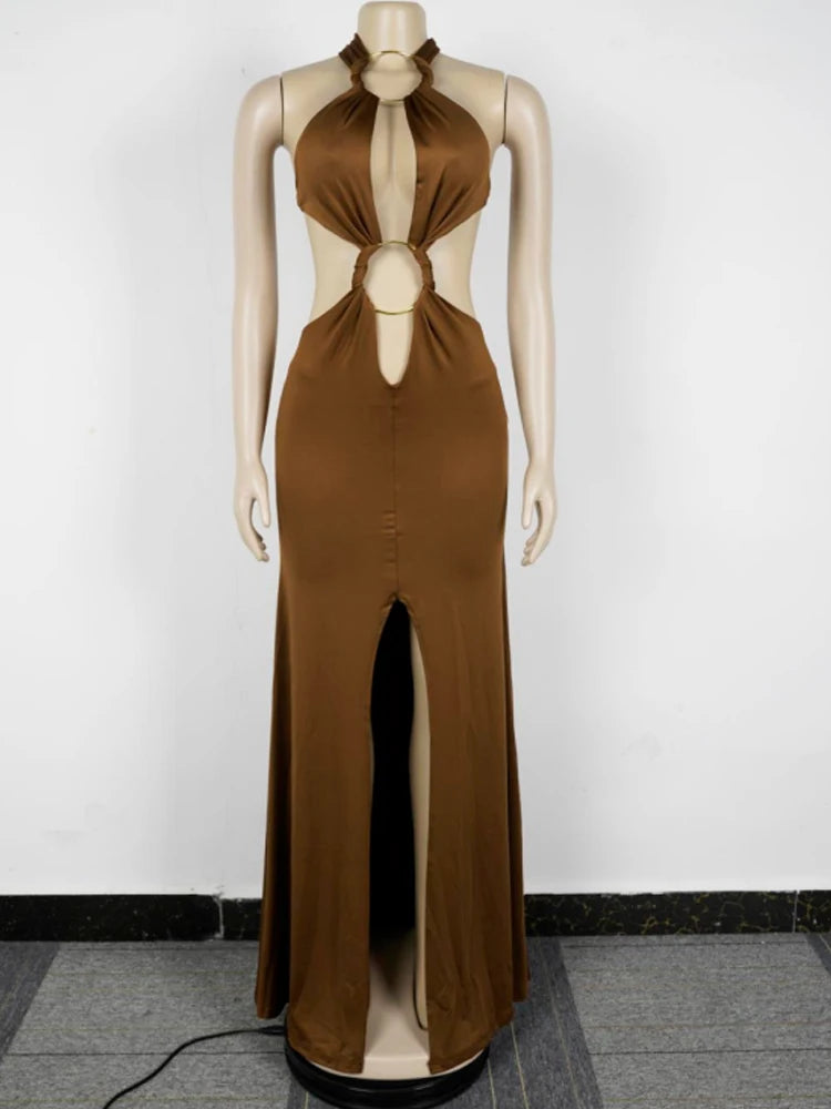 New Chic Halter V Neck O Rings Long Maxi Dress Glam Women Sexy Backless Ruched High Slit Party Dresses Birthday Outfits