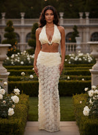 Elegant Apricot Flower Roses 3 Pc Set Holiday Outfits Glam Floral Embellished Bra Top and Maxi Skirt Set Beach Suit Set