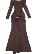 Beautiful Long Sleeve Brown Buckle Draped Waist Long Maxi Dress Gown Chic Womens Sexy off Shoulder Ruched Party Dresses
