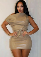 High Street Faux PU Leather Mini Dress Going Out Outfit Luxury Birthday Dress Sexy Ruched Leather Party Dress Clubwear