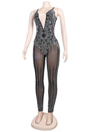 Sparkle Sheer Mesh Crystal Rompers Womens Glam See-Through Rhinestone Long Pants Jumpsuits Nightclub Outfits Clubwear