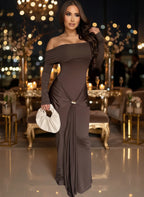 Beautiful Long Sleeve Brown Buckle Draped Waist Long Maxi Dress Gown Chic Womens Sexy off Shoulder Ruched Party Dresses