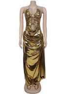 Beautiful Halter V Neck Ruched Leather Maxi Dress Luxury Birthday Dress Women Faux Leather Evening Dress Sexy Clubwear