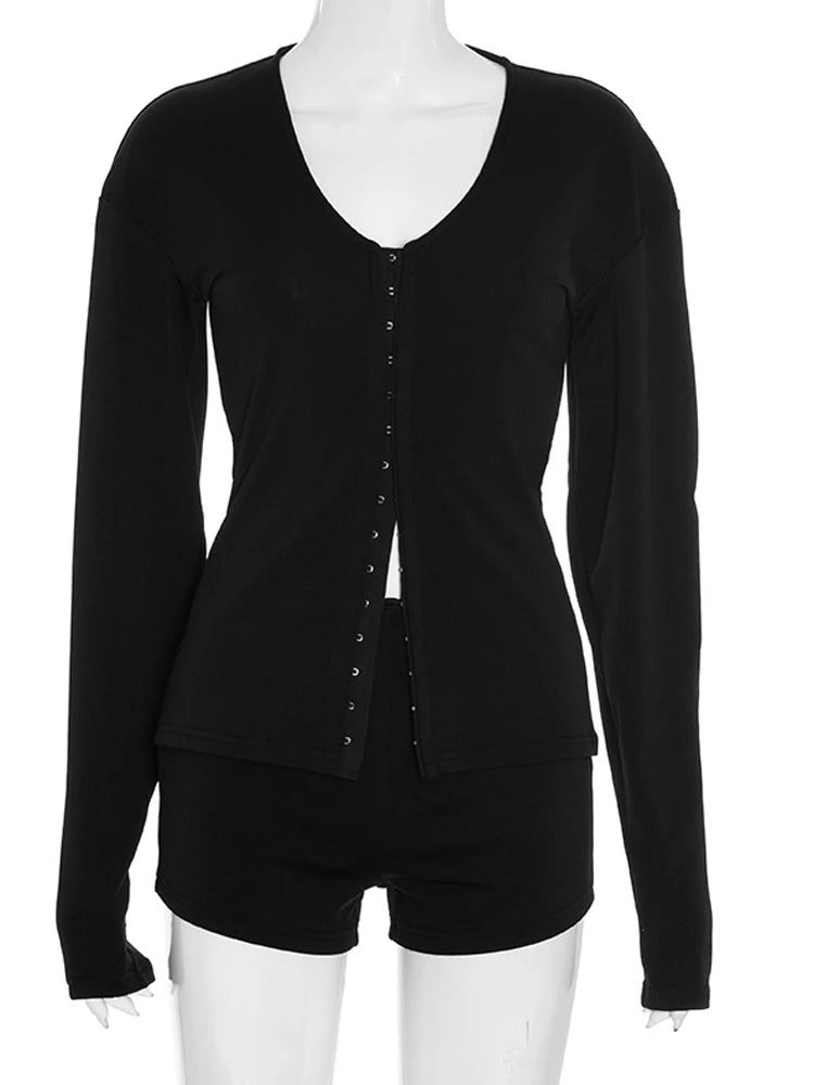 Casual Long Sleeve Hidden Button Knitted Top and Shorts Two-Piece Set Womens Black Buckle Co-Ord Set Night Out Overalls