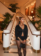 Casual Long Sleeve Hidden Button Knitted Top and Shorts Two-Piece Set Womens Black Buckle Co-Ord Set Night Out Overalls