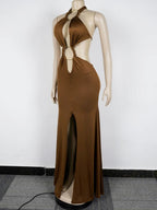 New Chic Halter V Neck O Rings Long Maxi Dress Glam Women Sexy Backless Ruched High Slit Party Dresses Birthday Outfits