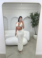 Elegant Apricot Flower Roses 3 Pc Set Holiday Outfits Glam Floral Embellished Bra Top and Maxi Skirt Set Beach Suit Set