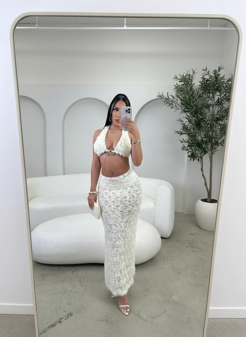 Elegant Apricot Flower Roses 3 Pc Set Holiday Outfits Glam Floral Embellished Bra Top and Maxi Skirt Set Beach Suit Set