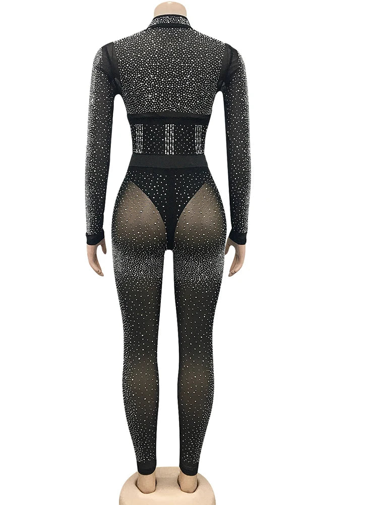 Sparkle Crystal Pants Set Outfits New Autumn See through Rhinestone Studded Crop Top and Legging Set Party Club Wears