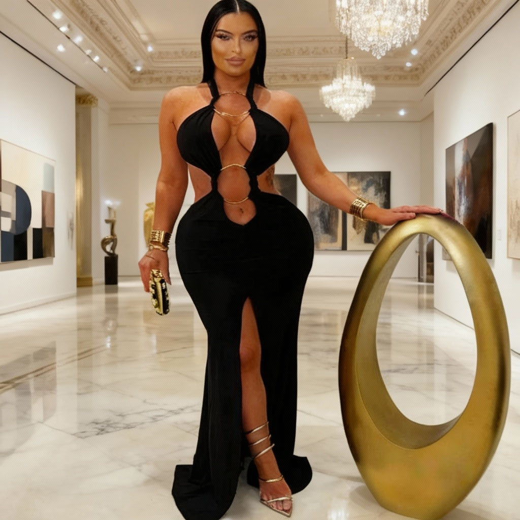 New Chic Halter V Neck O Rings Long Maxi Dress Glam Women Sexy Backless Ruched High Slit Party Dresses Birthday Outfits