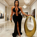 New Chic Halter V Neck O Rings Long Maxi Dress Glam Women Sexy Backless Ruched High Slit Party Dresses Birthday Outfits