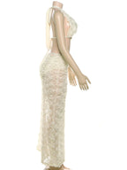 Elegant Apricot Flower Roses 3 Pc Set Holiday Outfits Glam Floral Embellished Bra Top and Maxi Skirt Set Beach Suit Set