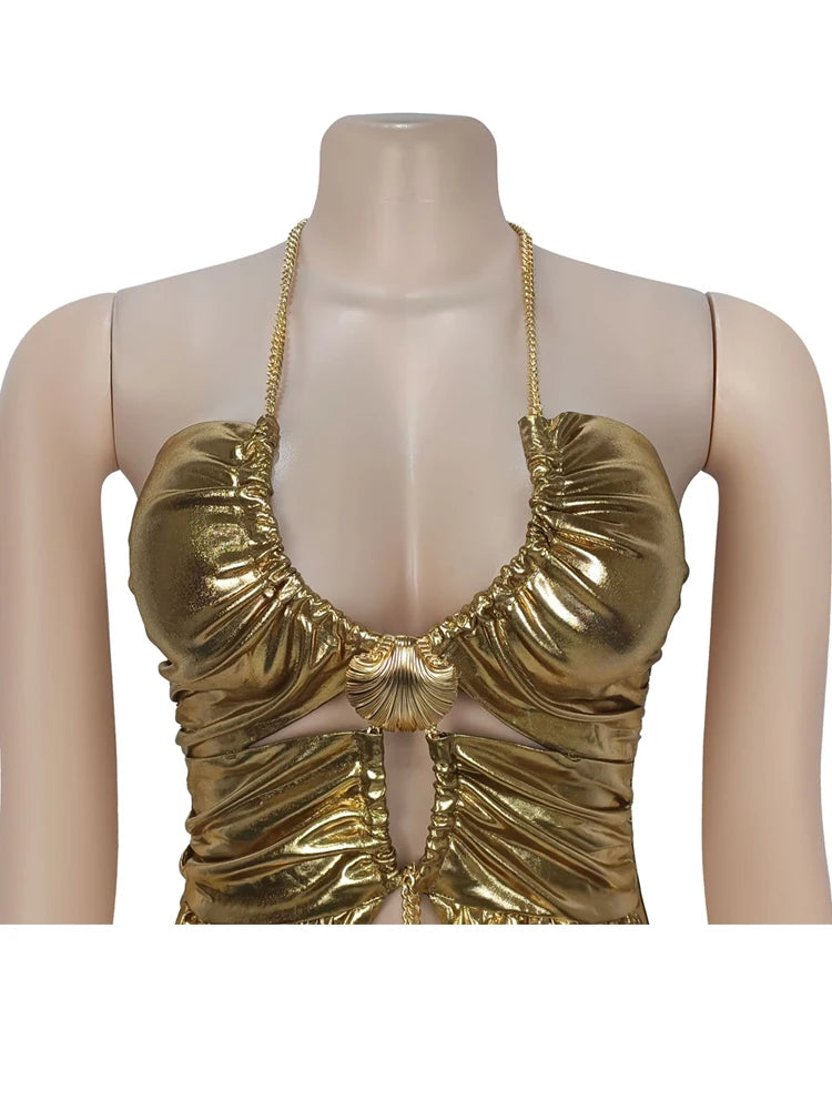 Beautiful Halter V Neck Ruched Leather Maxi Dress Luxury Birthday Dress Women Faux Leather Evening Dress Sexy Clubwear