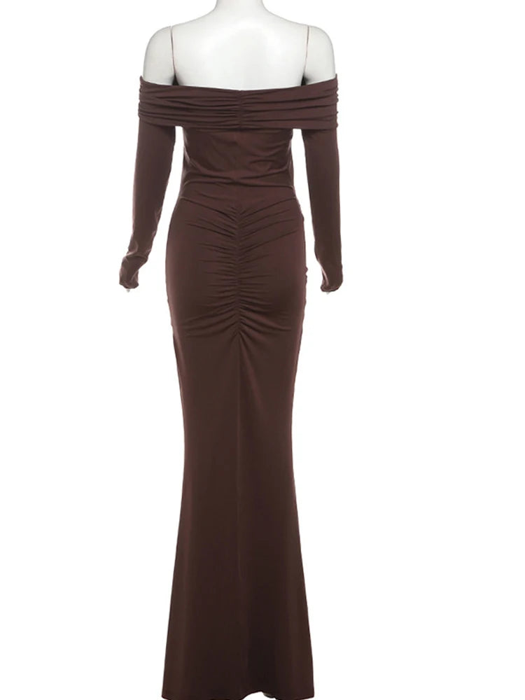 Beautiful Long Sleeve Brown Buckle Draped Waist Long Maxi Dress Gown Chic Womens Sexy off Shoulder Ruched Party Dresses