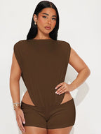 Popular Night Out Set 2 Piece Outfits Womens Solid Bodysuits Top and Matching Shorts Set Female Co-Ord Set Clubwear