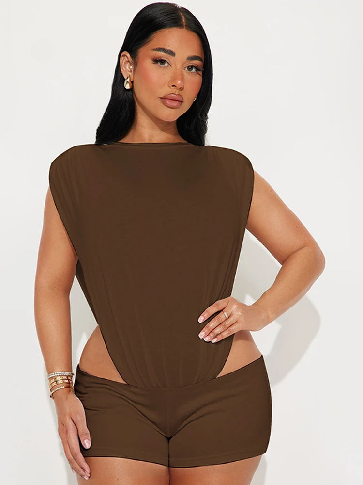 Popular Night Out Set 2 Piece Outfits Womens Solid Bodysuits Top and Matching Shorts Set Female Co-Ord Set Clubwear