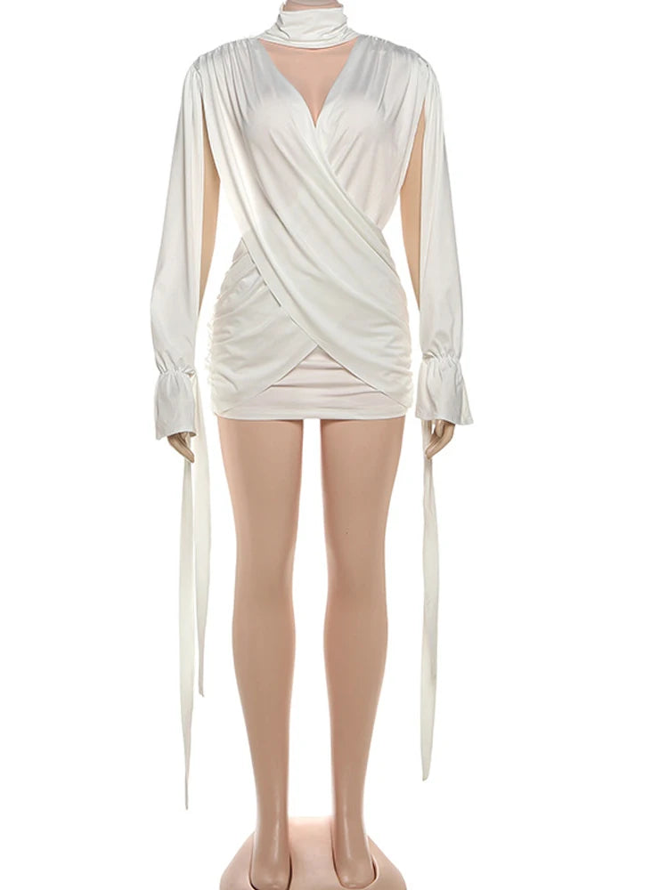 Elegant Choker Neck Cut-Out Twist Front Short Dress Holiday Outfits Women Hollow Out Ruched Party Dress Female Vestidos