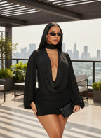 Elegant Choker Neck Cut-Out Draped Dress Set Holiday Outfits Women Hollow Out Ruched Two-Piece Dress Night Out Vestidos