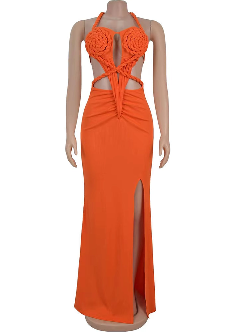 Women'S Cut-Out Ruched Maxi Dress Orange Sexy Halter Neck Backless High Slit Bandage Party Dresses Birthday Outfits