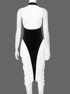 Two-Tone Masterpiece Women'S Halter Neck Ruched Midi Dress Elegant Female Patchwork Night Out Dress Clubwear Vestidos