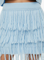 Womens Sheer Mesh Oversize Blouses Top+Crochet Fringed Mini Skirts Set Blue Holiday Outfits Female Beach Cover-Up Set