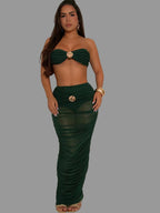 Wave Mesh Ruched Skrit Set Green Metal Holiday Outfits Glam See-Through Pleated Tube Top and Maxi Skirt Set Beach Suits