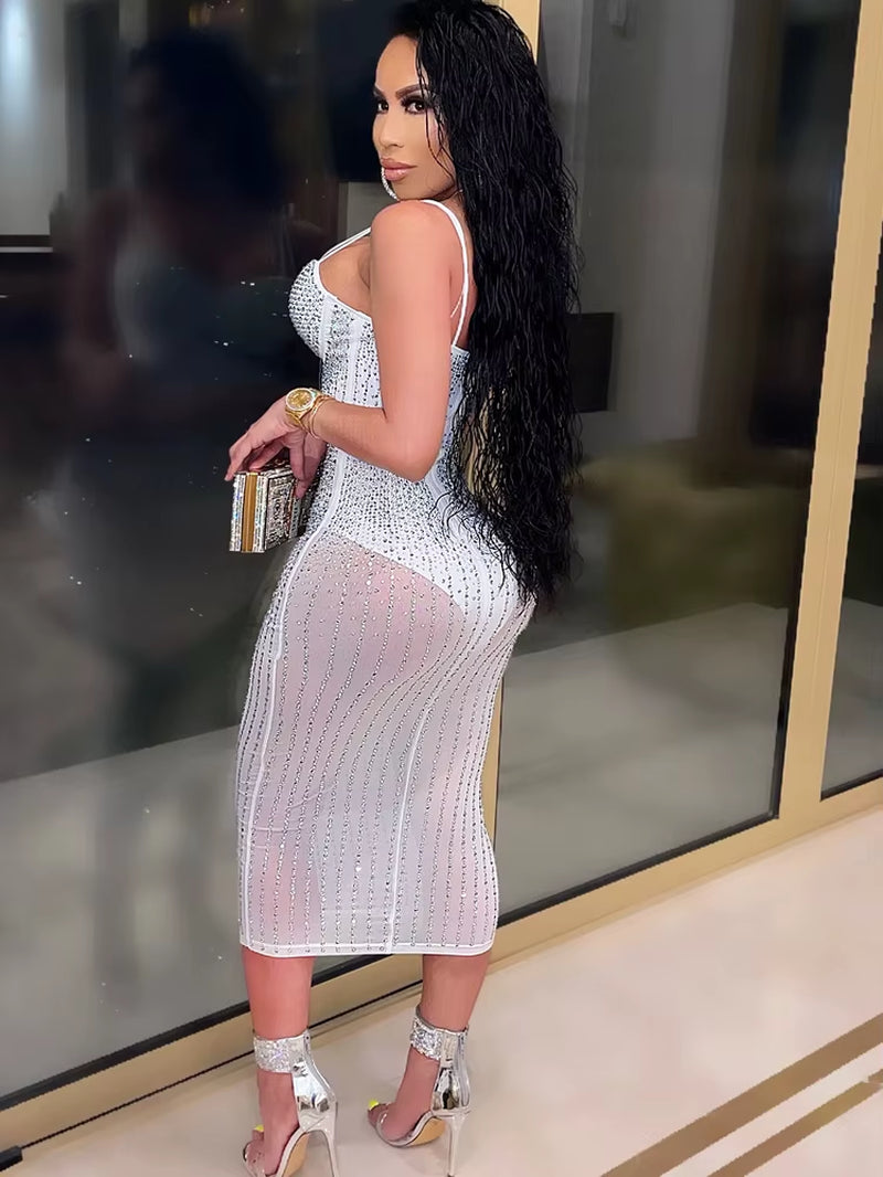 Beautiful Crystal Studded Midi Dress for Women Sparkle Spagetti Straps Bodycon Sequin Party Dress Birthday Outfits