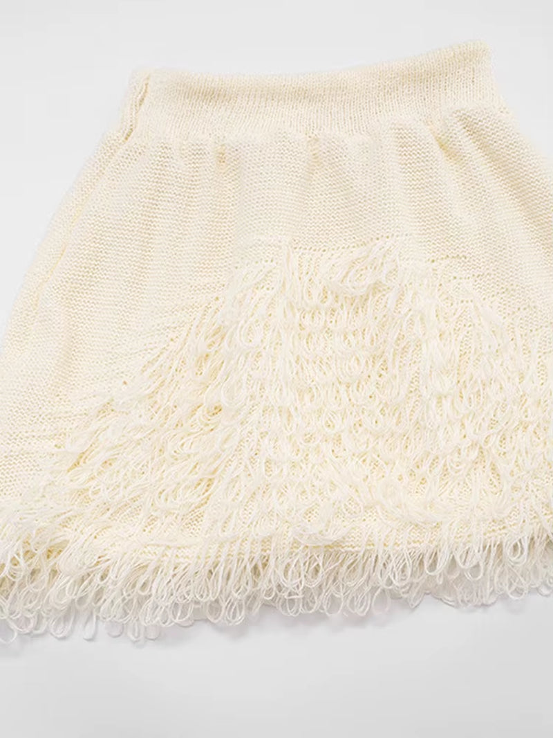 Beautiful Knitted Tassel Fringed Crop Top and Skirt Set Holiday Outfits Womens Furry Sweater Tracksuits Set Beach Wear