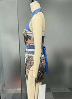 Elegant Lace-Back Printed Beach Two-Piece Dress Women Sets Chic Hollow Out Metal Chains Corset Tops and Skirt Outfits