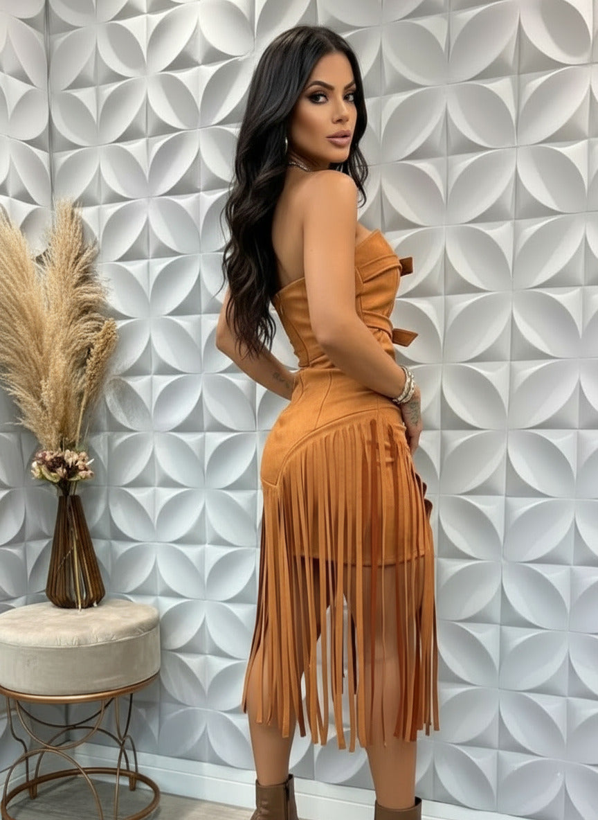 Luxury Birthday Dress Woman Glam off Shoulder Buckle Fringed Suede Midi Dress Chirstmas Outfits Night Clubwear Vestidos