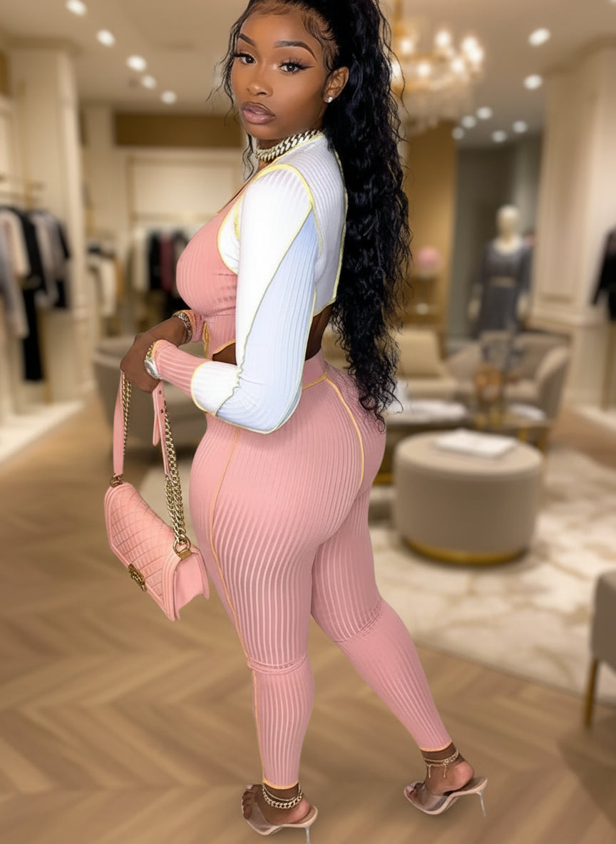 Fashion Color Block Lace-Up Long Sleeve Knitted Crop Top and Matching Pants Set Women Ribbed Tracksuits Set Clubwear