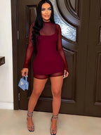 New Chic Long Sleeve Sheer Mesh Romper 2 Piece Outfits Womens Double Lined Bodycon Strappy Dress Set Night Clubwear