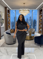 Trendy Ruched Matching Set for Women Solid Crop Top and Pleated Crush Cut-Out Metal Pants Set 2 Piece Outfits Clubwear