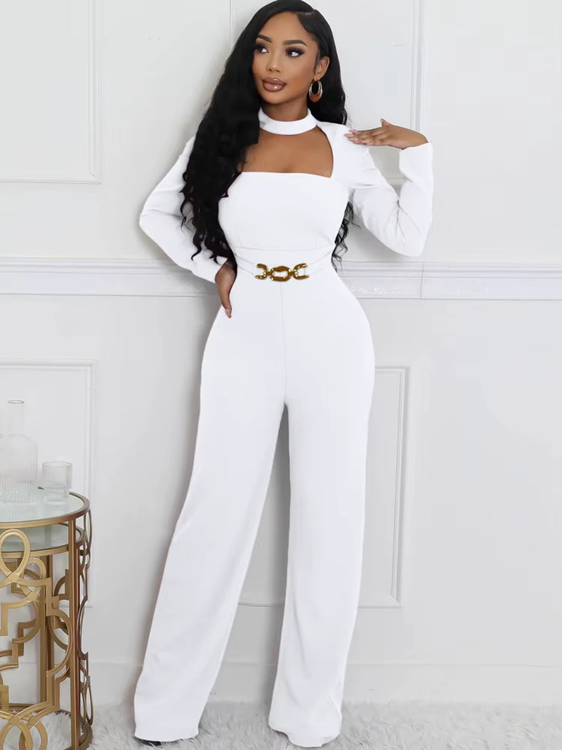 Glamours Choker Neck Metal Belted Wide Legs Jumpsuits Stretch Cut-Out Party Jumpsuits Sexy Rompers Celebrities Outfits
