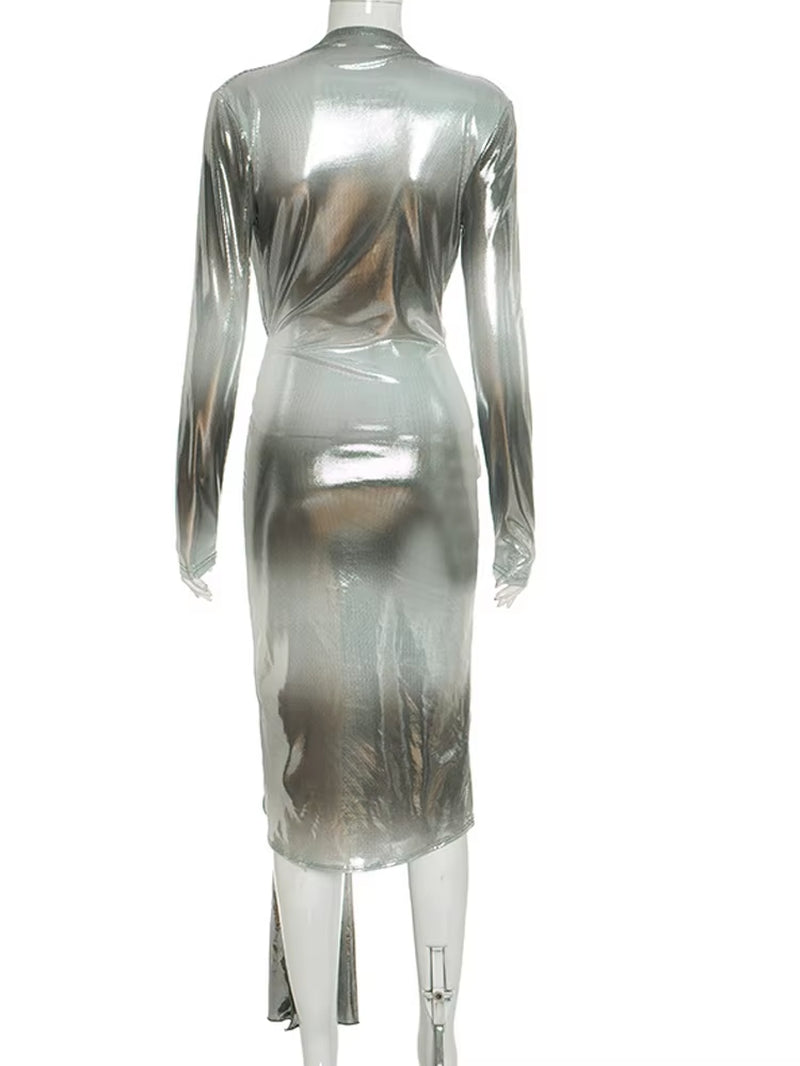 Shiny Color Block Deep Plunge V Neck Metal Tirm Long Straps Maxi Dress Glam Long Sleeve Metallic Party Dress Clubwear