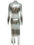 Shiny Color Block Deep Plunge V Neck Metal Tirm Long Straps Maxi Dress Glam Long Sleeve Metallic Party Dress Clubwear