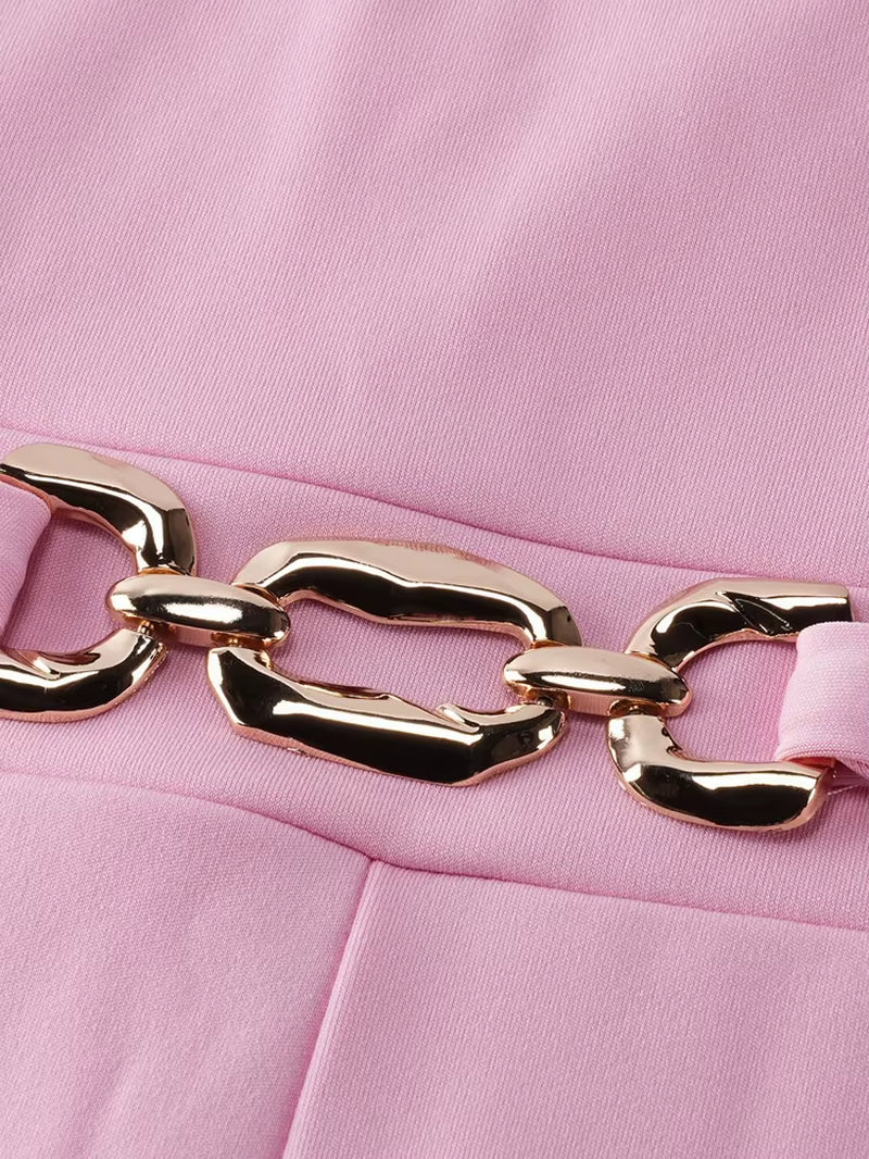 Glamours Choker Neck Metal Belted Wide Legs Jumpsuits Stretch Cut-Out Party Jumpsuits Sexy Rompers Celebrities Outfits