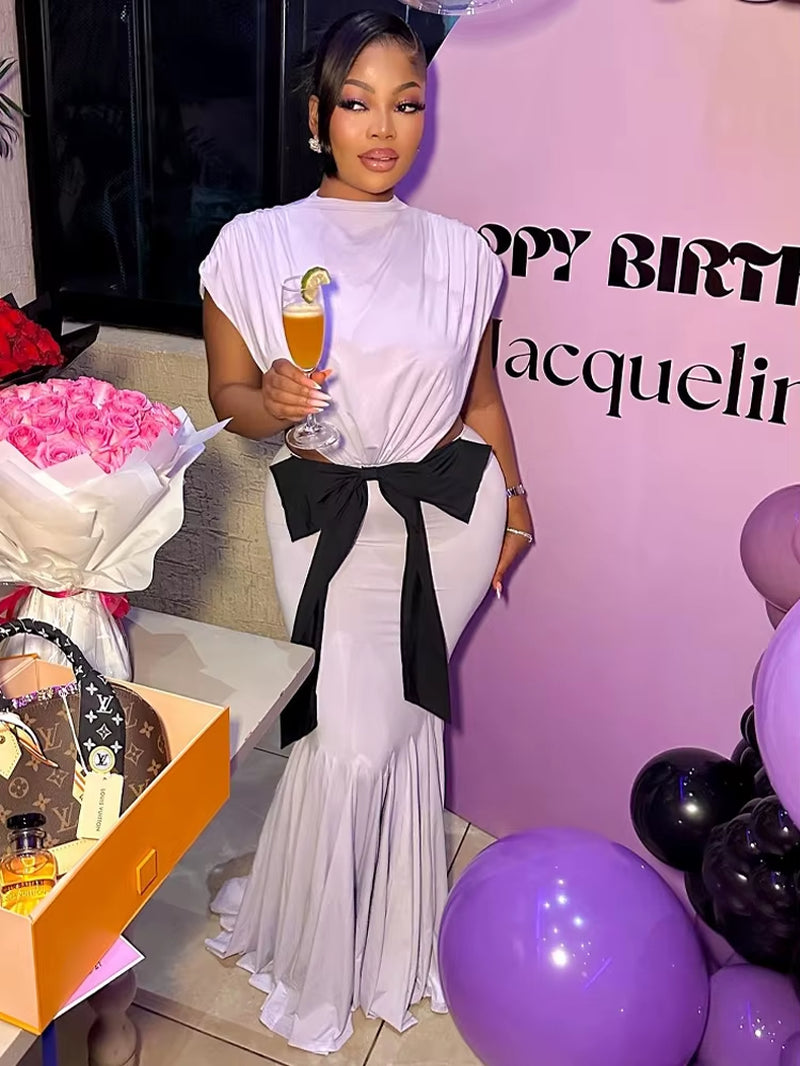 Pefect Mock Neck Bow Tie Cut-Out Long Dresses Women Luxury Birthday Dress Chic Open Back Ruched Party Dresses Clubwear