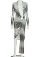 Shiny Color Block Deep Plunge V Neck Metal Tirm Long Straps Maxi Dress Glam Long Sleeve Metallic Party Dress Clubwear