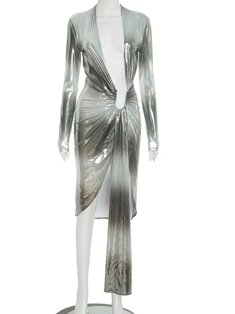 Shiny Color Block Deep Plunge V Neck Metal Tirm Long Straps Maxi Dress Glam Long Sleeve Metallic Party Dress Clubwear
