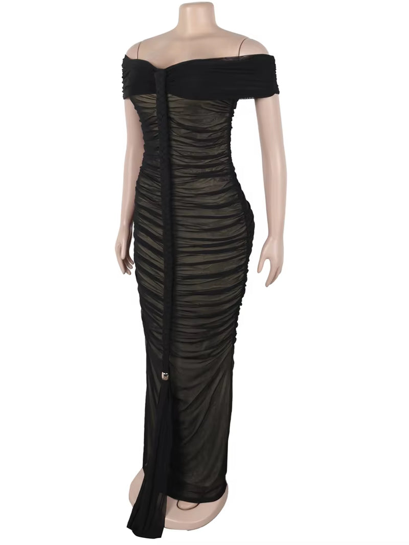 Luxe Goddess Ruched Mesh Maxi Dress Elegant Women'S off Shoulder Pleated Bandage Beach Vacation Dress Holiday Outfits