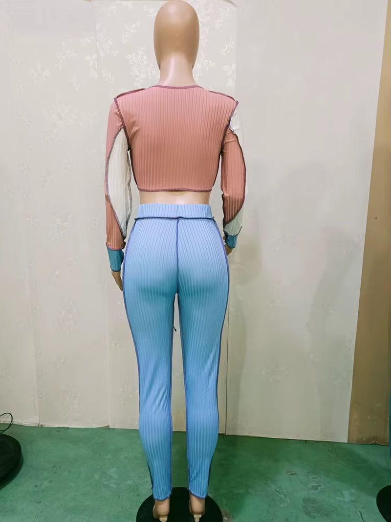 Fashion Color Block Lace-Up Long Sleeve Knitted Crop Top and Matching Pants Set Women Ribbed Tracksuits Set Clubwear