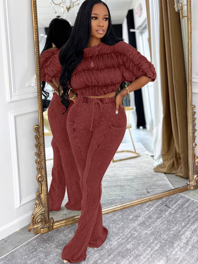 Trendy Ruched Matching Set for Women Pleated Crush Crop Top and Wide Legs Pants Set Evening Out Outfits Night Clubwear
