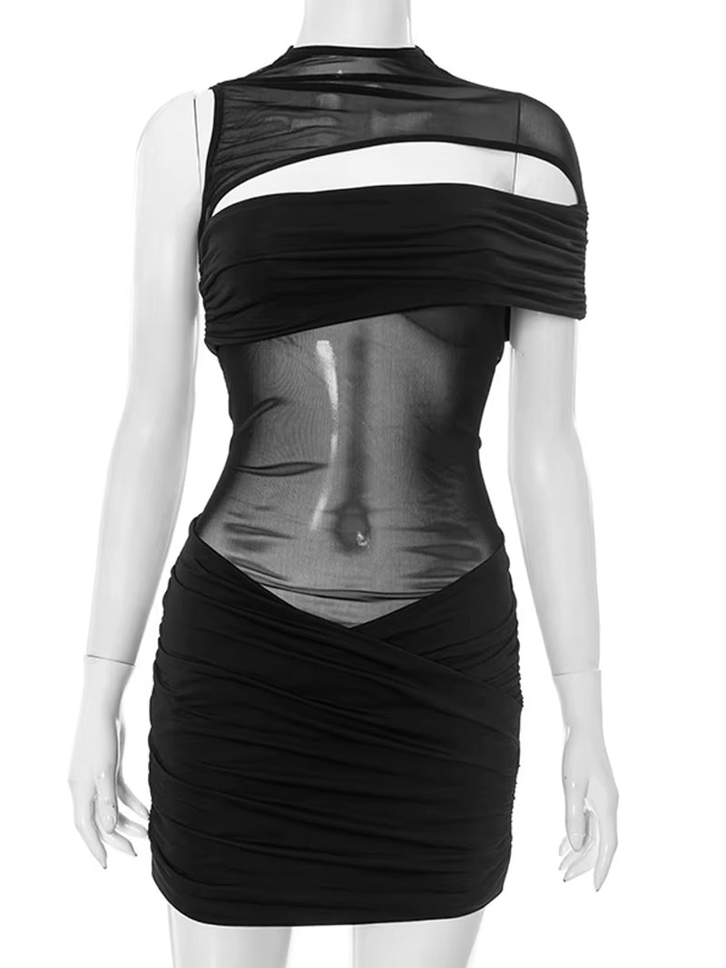 Women'S Sheer Mesh Patchwork Cut-Out Slim Short Dress Glam See-Though Ruched Party Dresses Night Out Vestidos Clubwear