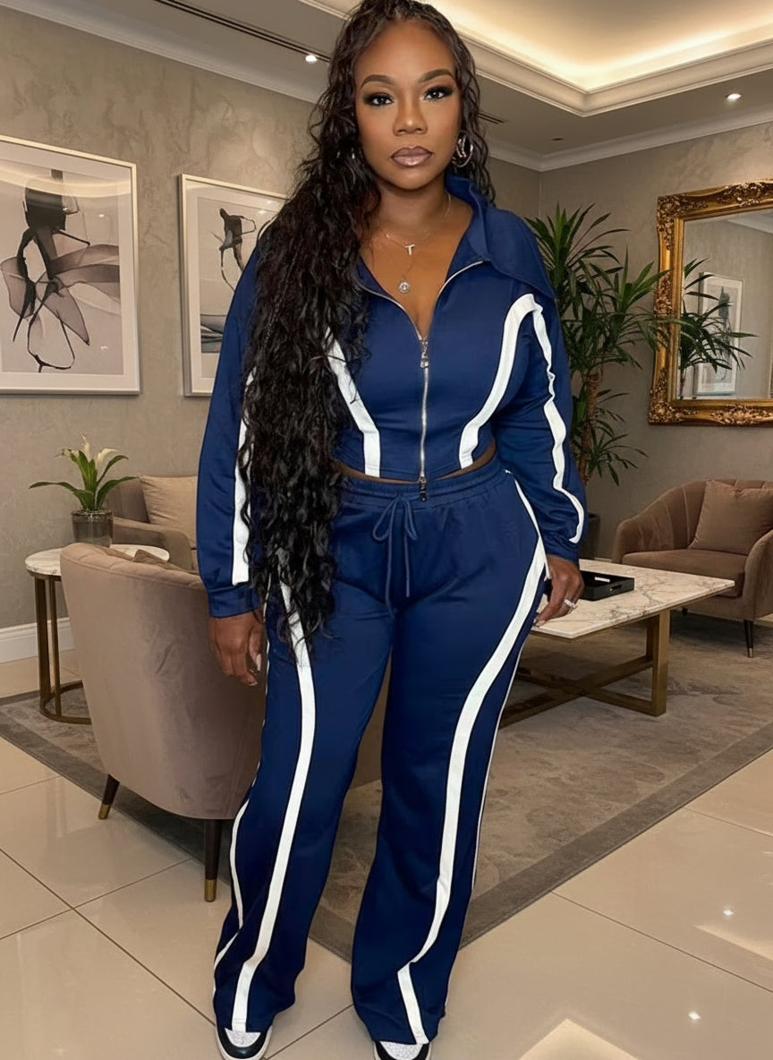 Womens Striped Patchwork Contrast Color Zippers Cropped Jacket+Wide Legs Pants Set Sporty Jogger Suits Set Overalls