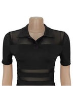 Women'S See-Through Striped Sheer Polo Maxi Dress Sexy Turn-Down Collars Caged Party Dresses Night Out Vestido Clubwear