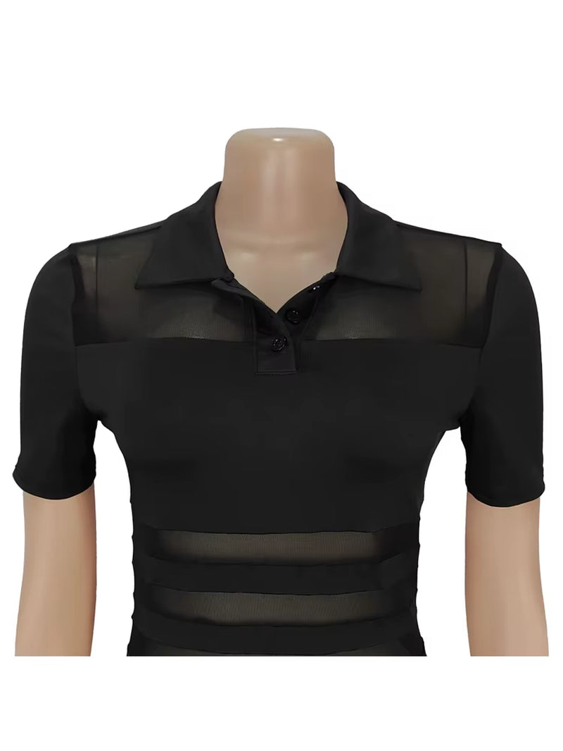 Women'S See-Through Striped Sheer Polo Maxi Dress Sexy Turn-Down Collars Caged Party Dresses Night Out Vestido Clubwear