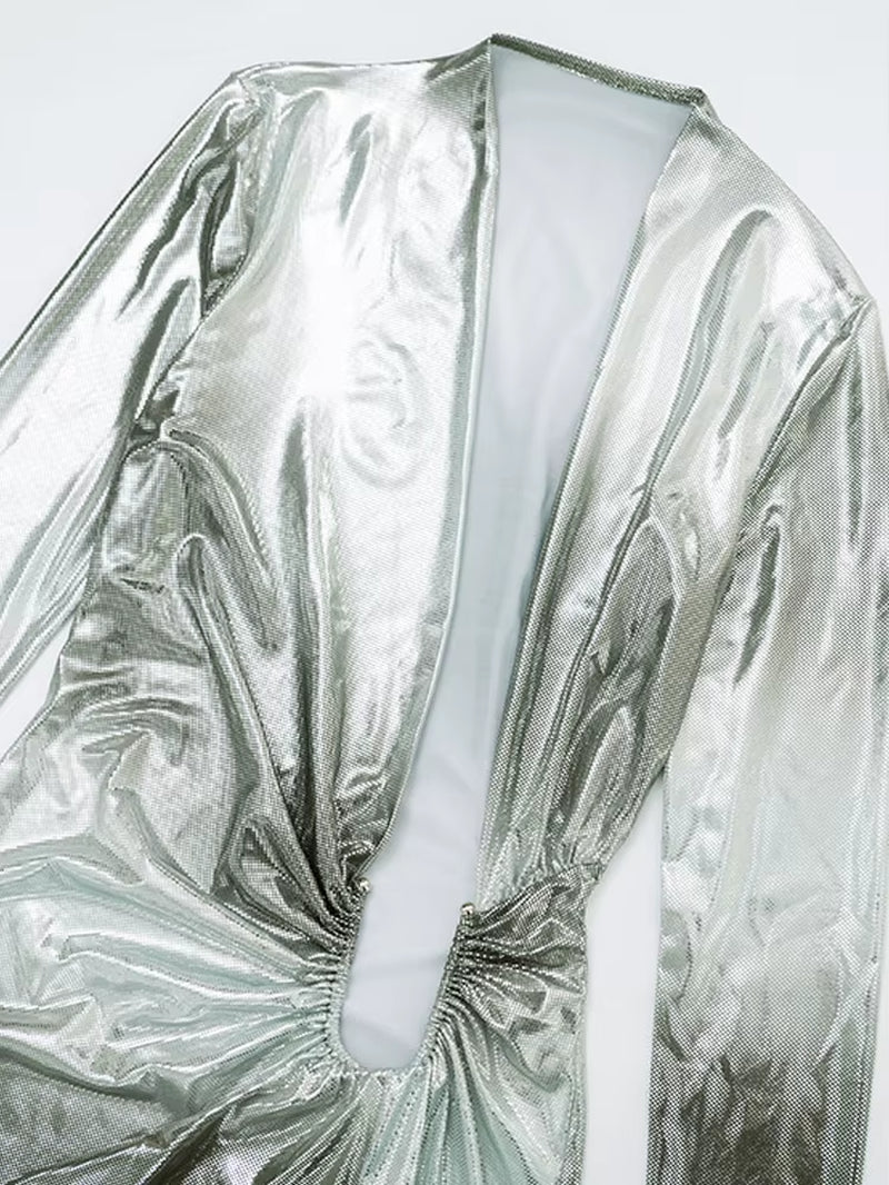 Shiny Color Block Deep Plunge V Neck Metal Tirm Long Straps Maxi Dress Glam Long Sleeve Metallic Party Dress Clubwear